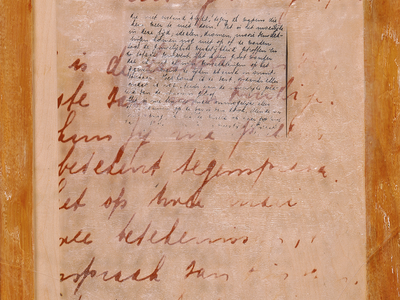 Mixed media featuring page with Dutch writing framed with wood.