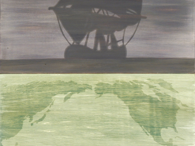 Painting on wood of antique sailing vessel on top and world map on bottom.