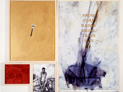 Four canvases of varying sizes with a razor on canvas on top left, English text and shadowy object on right, red fabric on middle left, and photograph of a seated woman on bottom left.