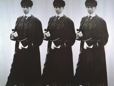 Screenprint and acrylic on canvas featuring three identical full length portraits of a figure in hat and suit. 