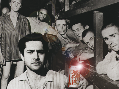 Photograph of men standing and sitting in bunks wearing striped shirts and looking at camera. The one closest to the camera holds a Diet Coke. 