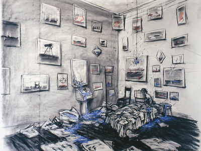 Drawing of bedroom with messy bed and many framed images on walls.