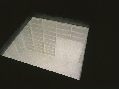 View of art installation from the top of a room with empty bookcases.