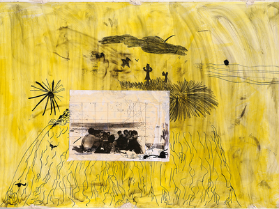Mixed media on canvas featuring a photograph of soldiers surrounded by abstract drawing.