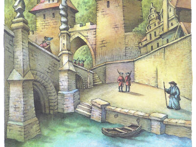 Painting of city street with bridge over river in foreground and several figures on the far side of the bridge. 