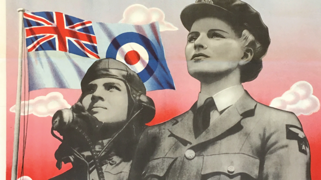 Women’s Auxiliary Air Force Recruitment Poster Poster featuring two women in uniform, one of whom is wearing a mask, in front of a flag, and Hebrew writing along the top and bottom.