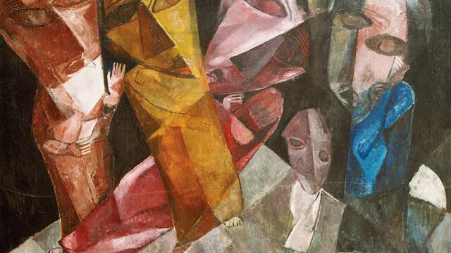 Eternal Wanderers Painting of five figures with geometric heads and bodies.