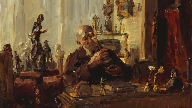 The Collector Painting of man with beard sitting at desk examining an object at table filled with small sculptures.