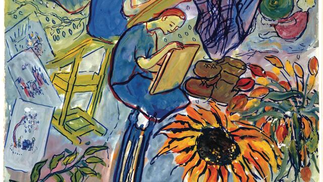 Abstract painting of three women drawing, surrounded by flowers, easels, a chair, garments, and other objects.
