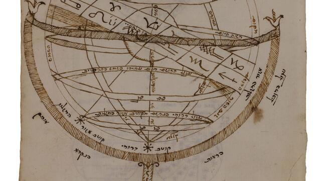Illustration of an Armillary Sphere Illustration of a sphere circled by rings at various angles, including illustrations of zodiac symbols.