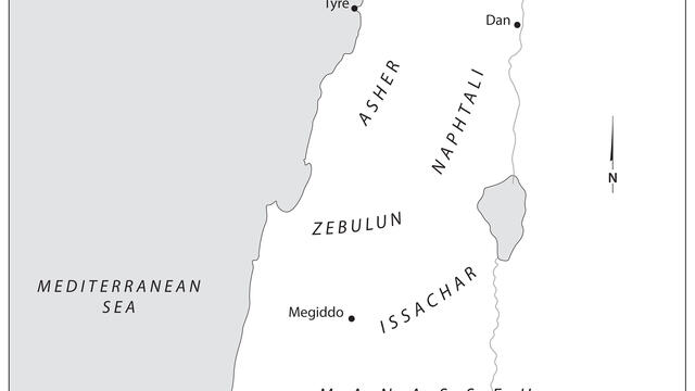 The Twelve Tribes of Israel Map of twelve tribes of Israel with English name labels.