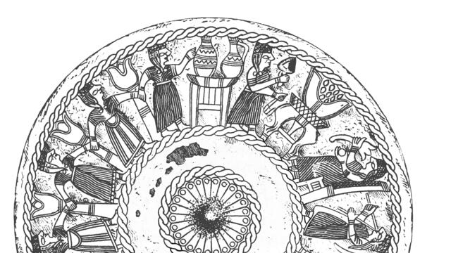Bronze Bowl with Musicians Drawing of interior of bowl with scene of seated woman and three female musicians playing a double pipe, lyre, and a frame drum or cymbals, and several women holding hands and dancing.