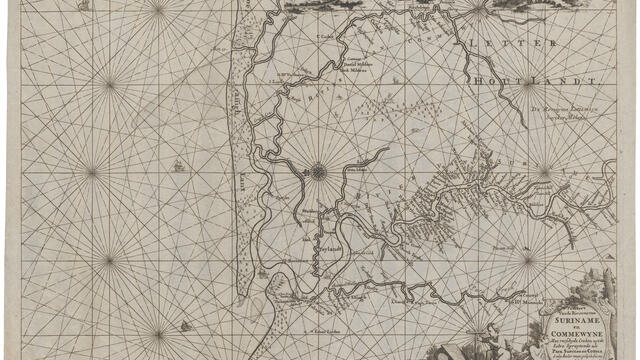 Map of Suriname Map depicting rivers and settlements, an image of a large building with a waterwheel, and an image of small huts with palm trees at the top and two cherubs with Dutch text.