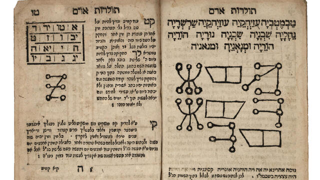 Toledot Adam (The Generations of Adam) Facing-page Hebrew manuscript with charts with Hebrew letters on left side, and geometric drawings on right side.
