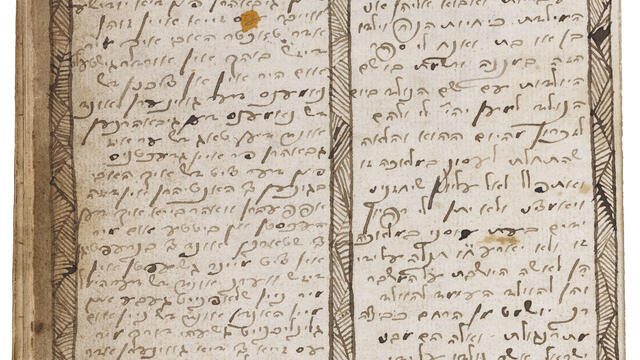 Title Page of the Register of a Jewish Midwife Manuscript page with two columns of writing in Yiddish and Hebrew and a decorated border.