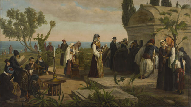 Prayers at the Tomb of Rabbi Isaac ben Sheshet at Algiers Painting of travelers surrounding tomb.