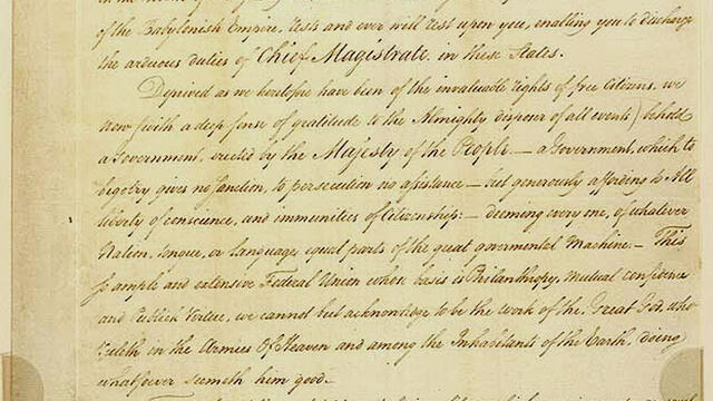 Letter to George Washington Handwritten letter in English with small stamp at top and signature on bottom.