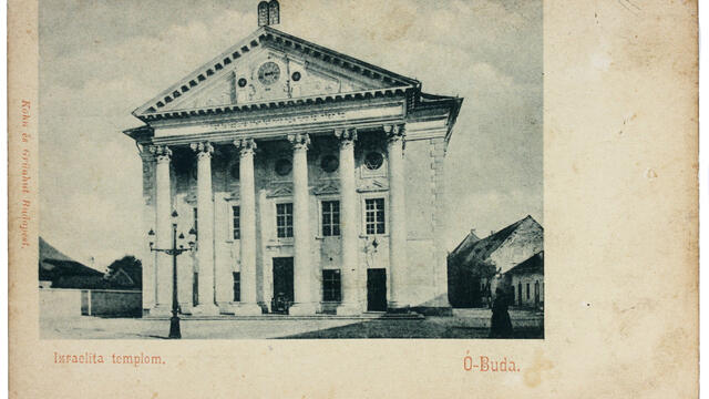 Óbuda Synagogue Photograph of building exterior with five columns.