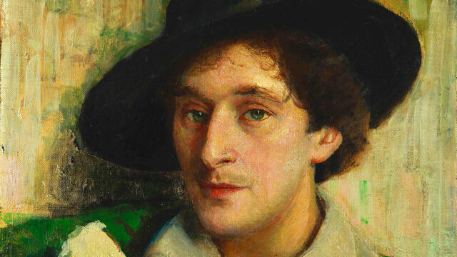 Portrait of Marc Chagall Painting of man in hat holding palette and looking at viewer.