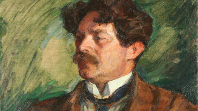 Portrait of Saul Tchernichovski Portrait painting of man wearing a suit and gazing toward the right with one hand tucked under his coat lapel.