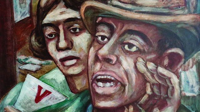 Leaflets (Double V) Painting of men and women calling out and waving leaflets with the letter "V" on them.