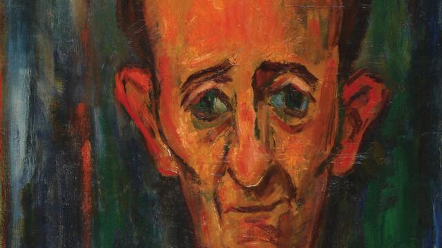 Portrait of Itzik Manger Portrait painting of a man who faces viewer and wears a suit and tie.