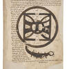 Manuscript page of Hebrew text with diagram in the center of a circle with circumscribed square, half circles, and thick lines, as well as a thick curved tail below.
