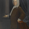 Portrait painting of man standing next to column and curtain.
