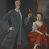 Portrait painting of boy standing with small bird on his hand next to girl sitting. 