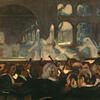 Painting of audience and orchestra facing stage with shadowy figures on it.