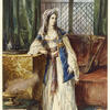 Painting of woman in headdress, loose dress, and vest leaning against table decorated with roses next to burning brazier, with arched windows and instrument in background. 